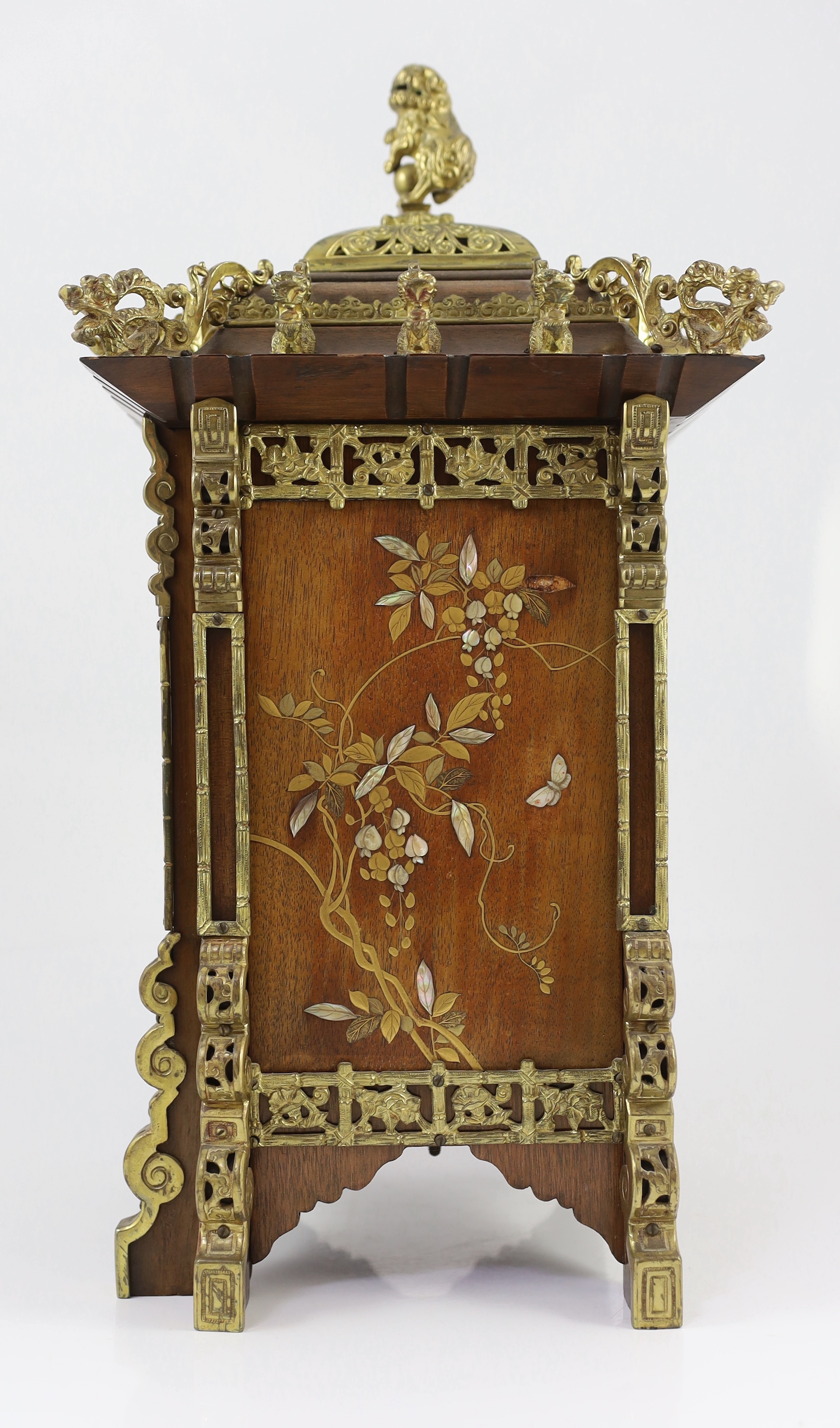 A late 19th century French ormolu mounted mahogany and shibayama style mantel clock, in the Japanese taste, 26cm wide, 23cm deep, 45cm high